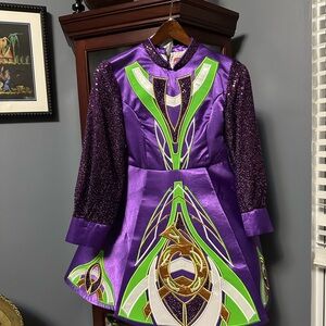 Irish Dance Solo Dress – Aine Designs – Purple/Green/Gold W/ Bloomers and Visor
